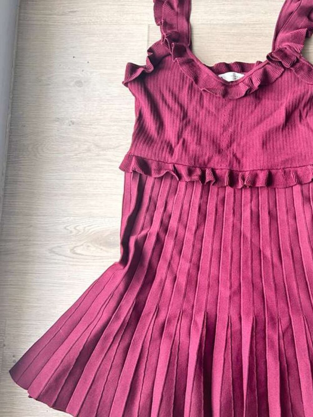 ZARA Burgundy Knit Midi Dress | Ribbed Pleated Skirt | Ruffle Detail | Stretch